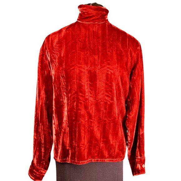Vintage Red Velvet Turtleneck Blouse Small - Picture 1 of 11